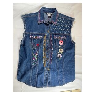 Midnight Run Denim Vest Embroidered Sleeveless Jean Jacket‎  L
